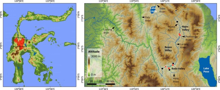 Mapa topograficzna Sulawesi z zaznaczonymi dolinami Bada, Napu i Besoa oraz rzekami i jeziorami.